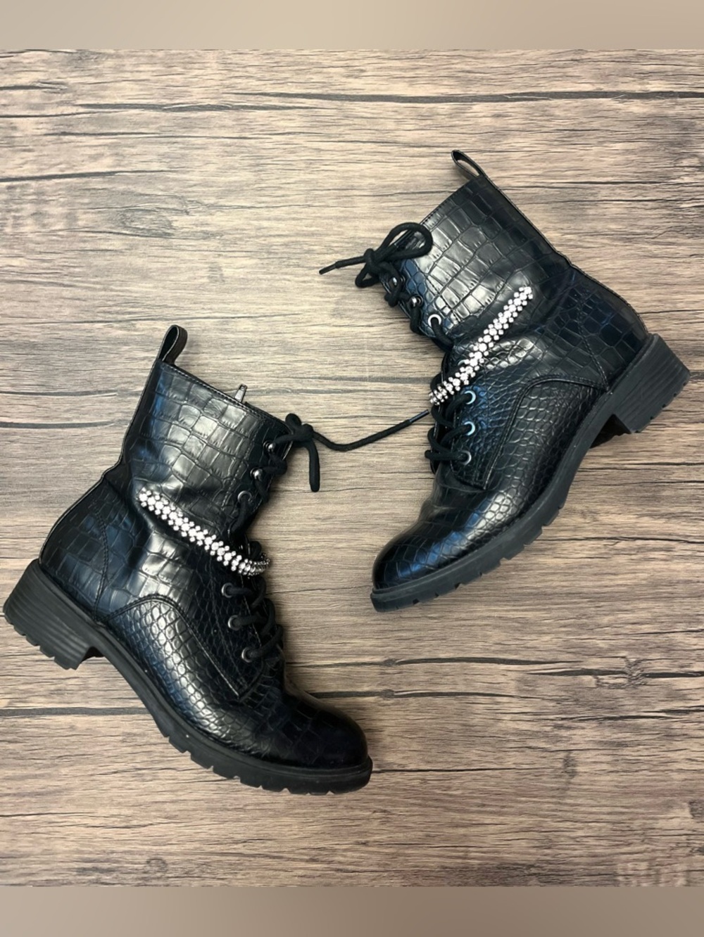 Express Croc-Embossed Lace-Up Combat Boots with Rhinestone Chain